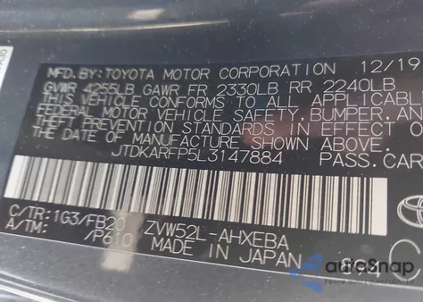 2020 Toyota Prius Prime Le из США, поврежденный, VIN JTDKARFP5L3147884